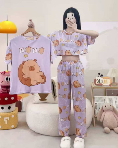 ست سه تیکه تیشرت کراپ و شلوار نخ پنبه وارداتی