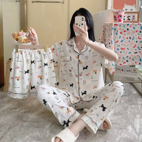 ست خونگی زنانه نخی وارداتی (بلوز+شلوار+شورتک) ۱۰۱۹