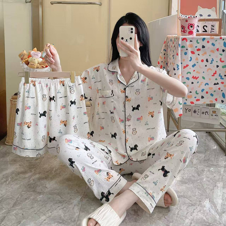 ست خونگی زنانه نخی وارداتی (بلوز+شلوار+شورتک) ۱۰۱۹